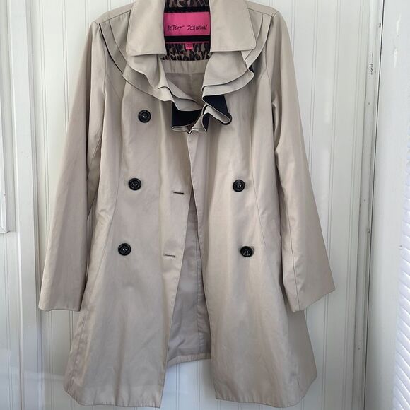 BETSEY JOHNSON women’s beige ruffle collar double breasted trench coat no belt S - Picture 3 of 16